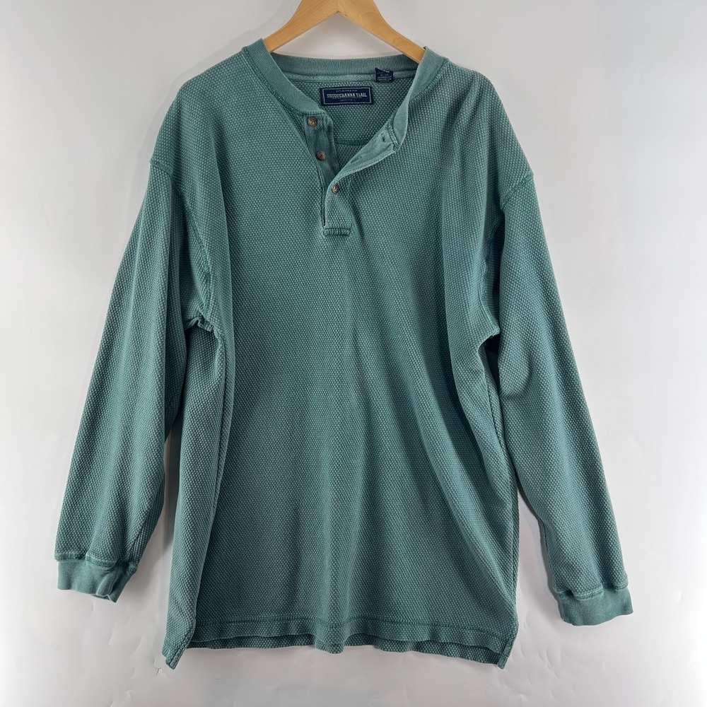 Vtg 90s Susquehanna Trail Henley Shirt Mens L Waffle Knit Green Gorpcore Cotton